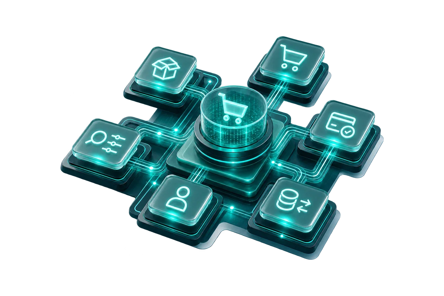 Ilustração conceitual do e-commerce B2B com catálogo, busca, carrinho, checkout, cliente e dados conectados