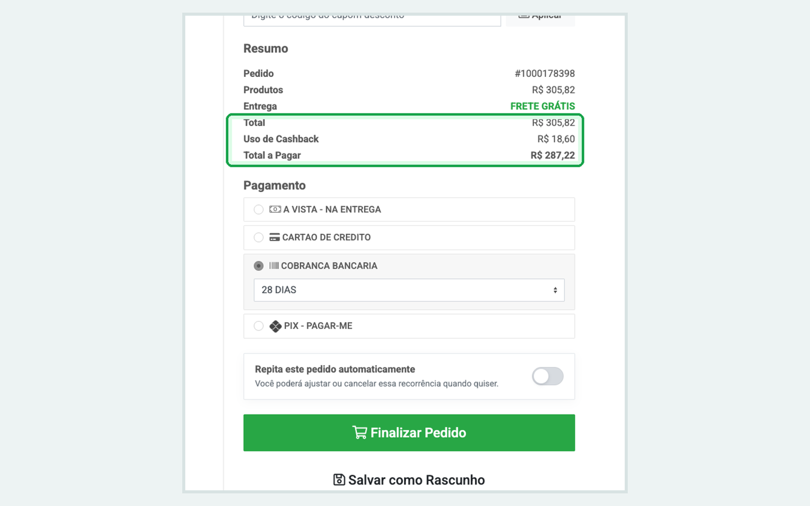 Checkout com saldo de cashback utilizado e total do pedido atualizado