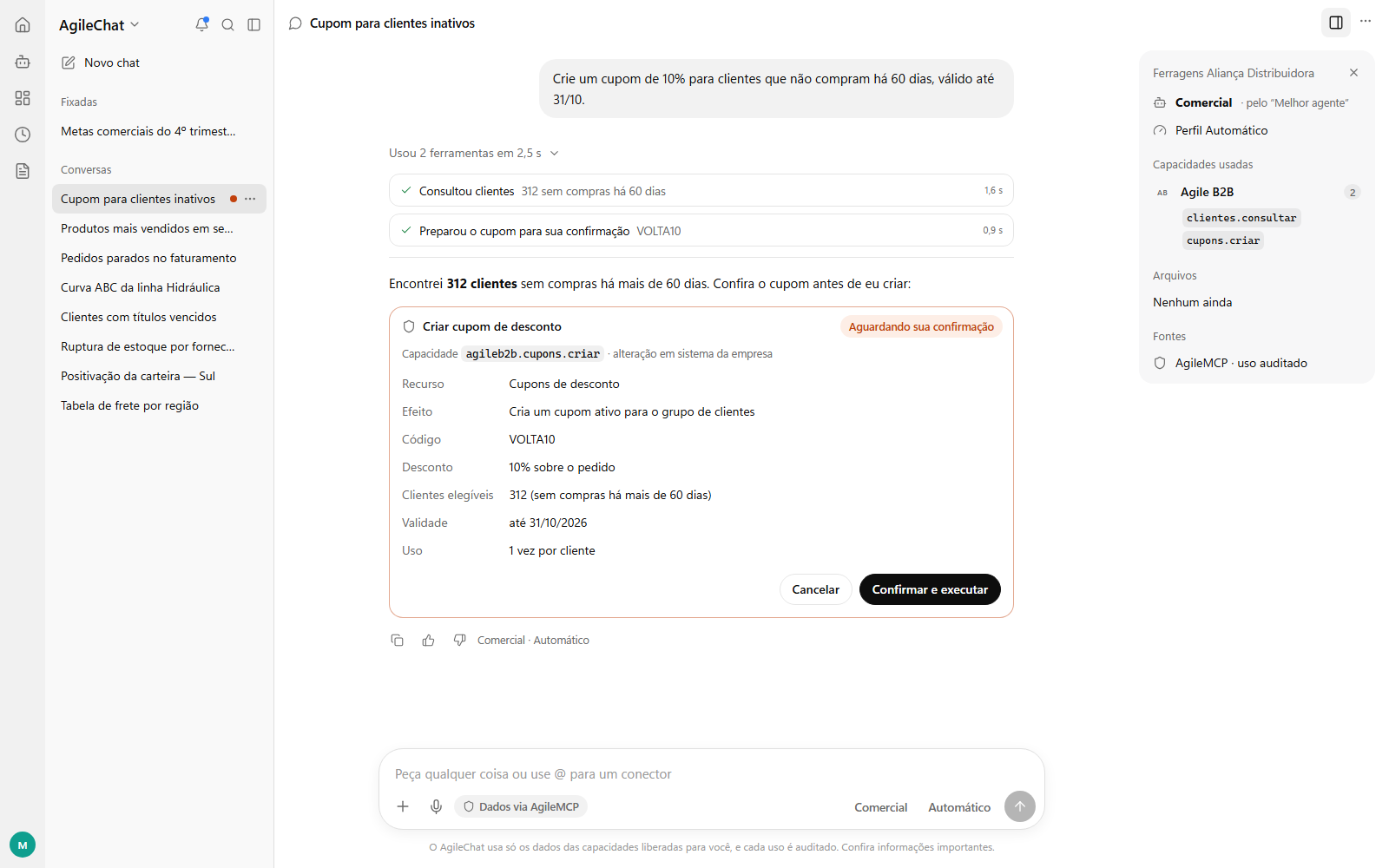 Interface demonstrativa de revisão e confirmação de criação de cupom no Agile Chat