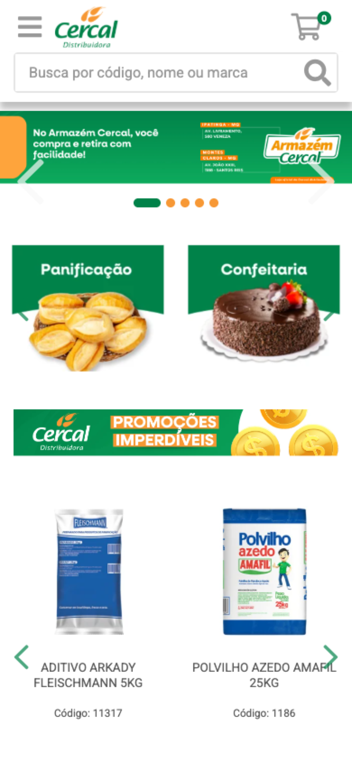 Vitrine do App B2B no celular com marca, busca, campanha, categorias e produtos