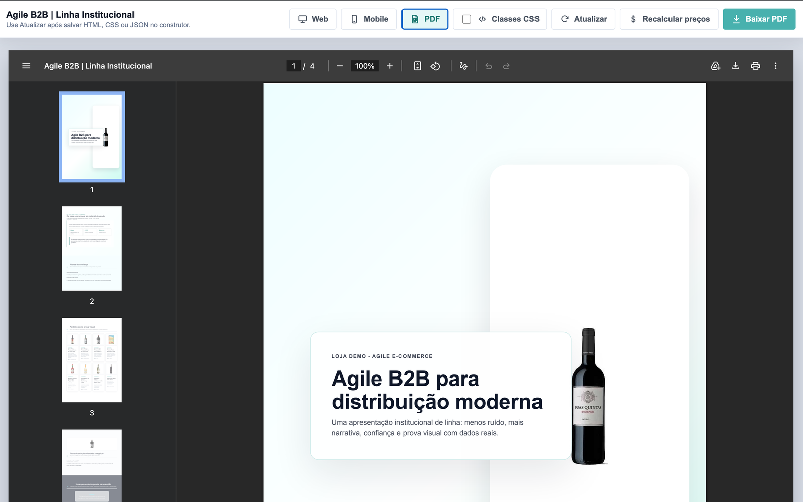 PDF final do catálogo com miniaturas de quatro páginas e a primeira página aberta para revisão antes do compartilhamento