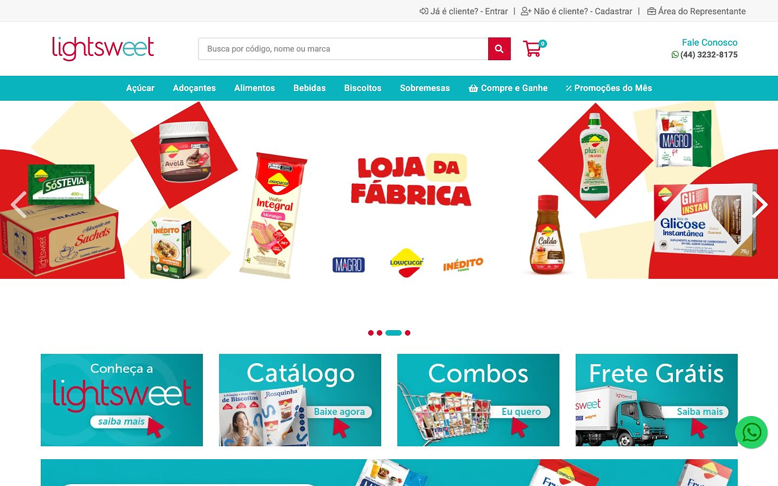 Página inicial do e-commerce B2B com marca, busca, categorias, campanha e atalhos para catálogo, combos e frete