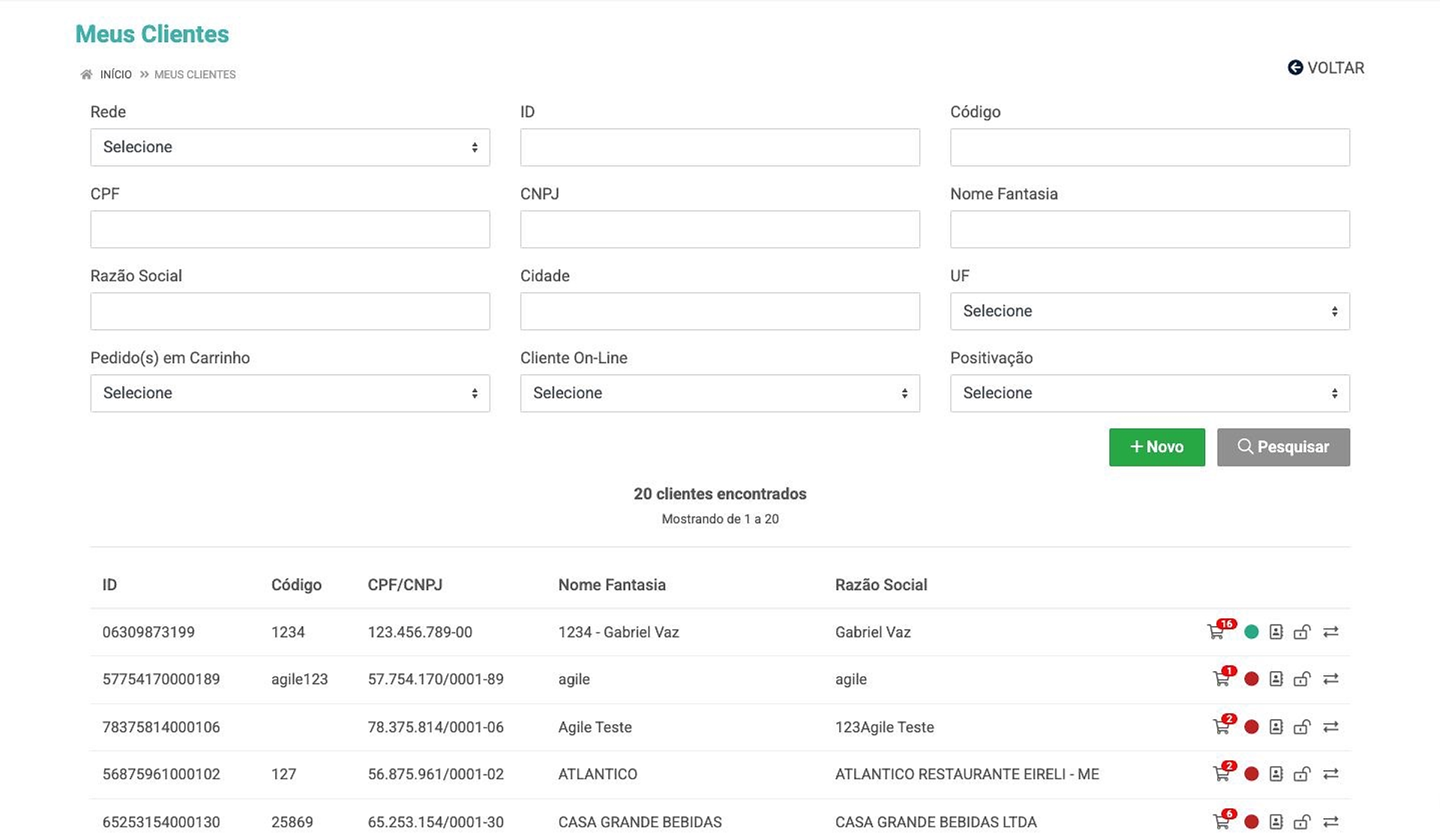 Tela da força de vendas com o título Meus Clientes completo, filtros comerciais e cinco clientes visíveis na carteira