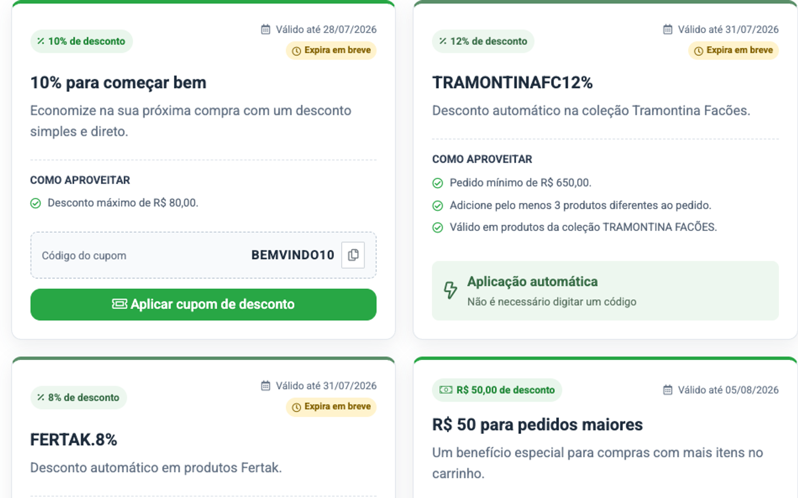 Cupons com desconto percentual ou em valor, aplicação automática e condições comerciais
