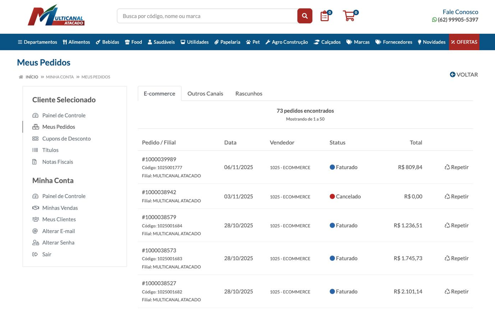 Portal do cliente com menu de autoatendimento e área Meus Pedidos aberta com canais, status e registros da conta