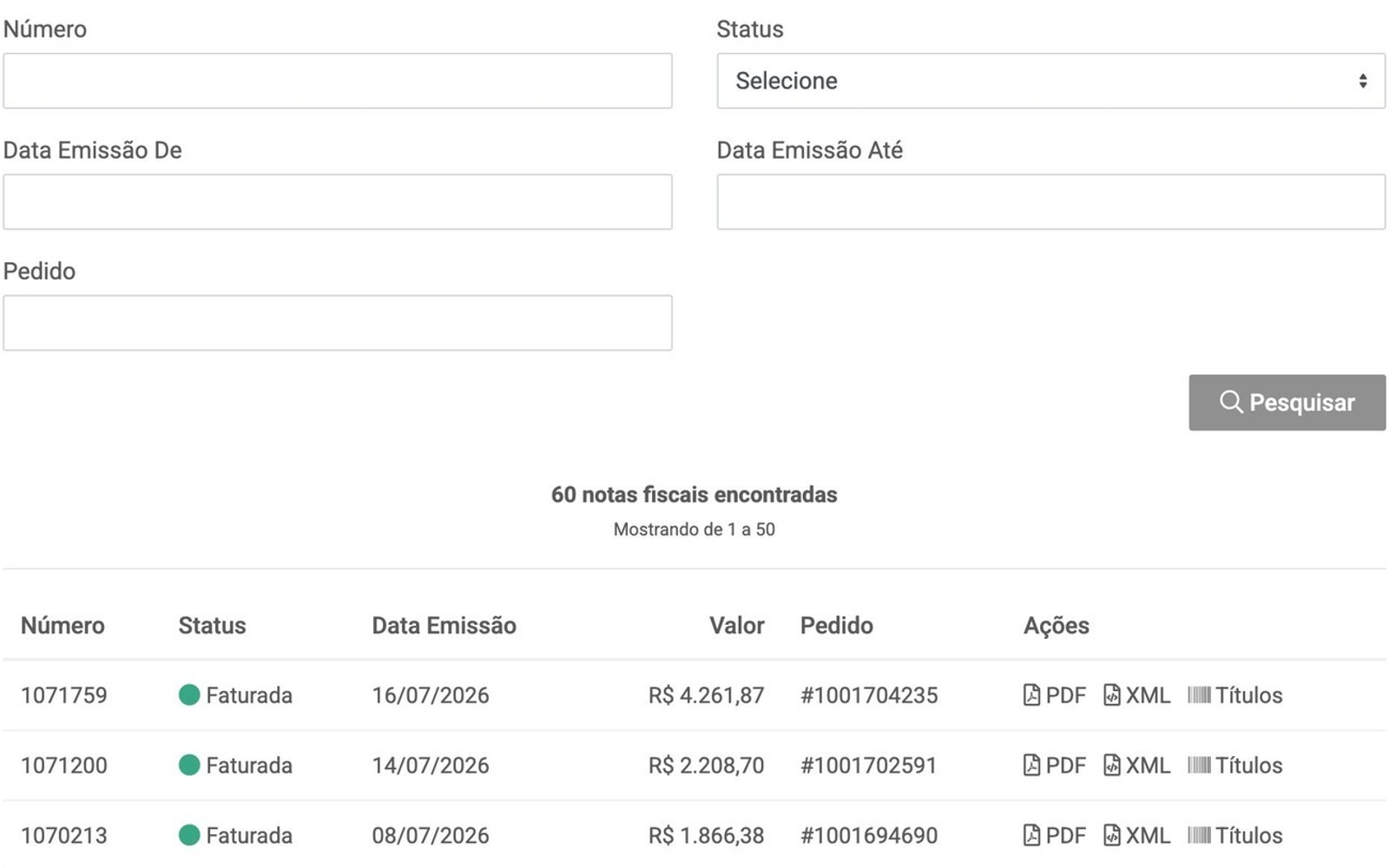 Notas fiscais com filtros, status, emissão, valores, pedidos e documentos disponíveis